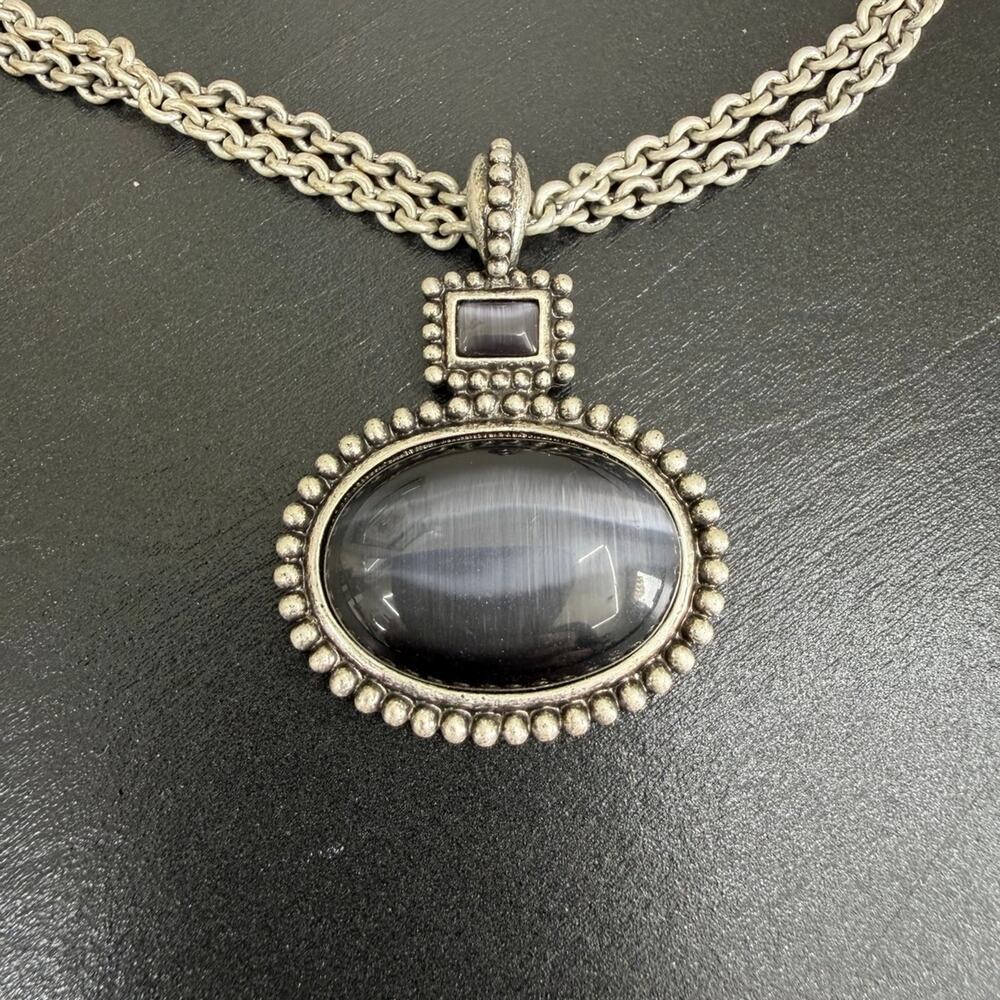 Vintage Faux Black Onyx Necklace  Framed Beaded Detailing & Multi Strand Chain